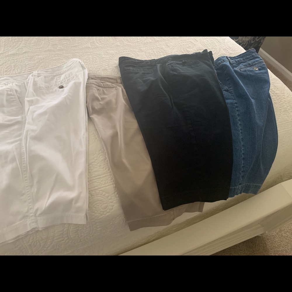 Black, khaki, jean are Bandlino, white Dockers.